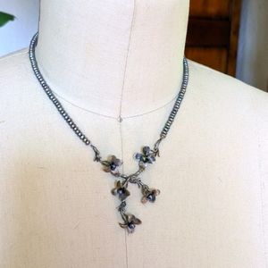 New, Rare gray seed pearl & silver flower necklace